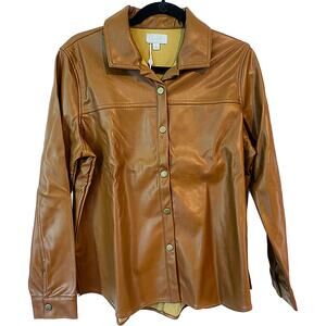 Mud Pie Salem Faux Vegan Leather Snap-Front Lined Women's Shirt Brown Small NWT